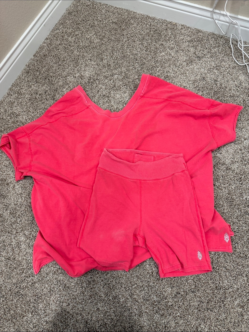 Free People Bright Pink Bike Shorts and Matching Tee Set